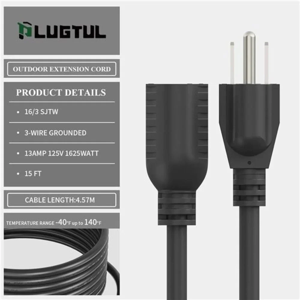 Outdoor Extension Cord 15 FT Waterproof, 16/3 Gauge Black Heavy Duty 3 ProngCord